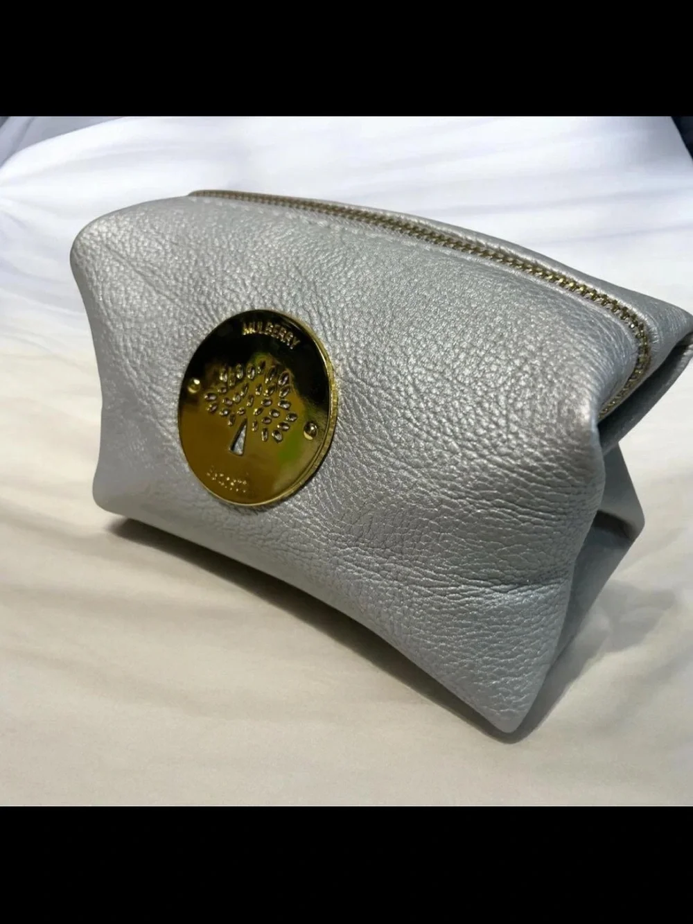 Mulberry Silver Leather Cosmetic Pouch with Gold Hardware